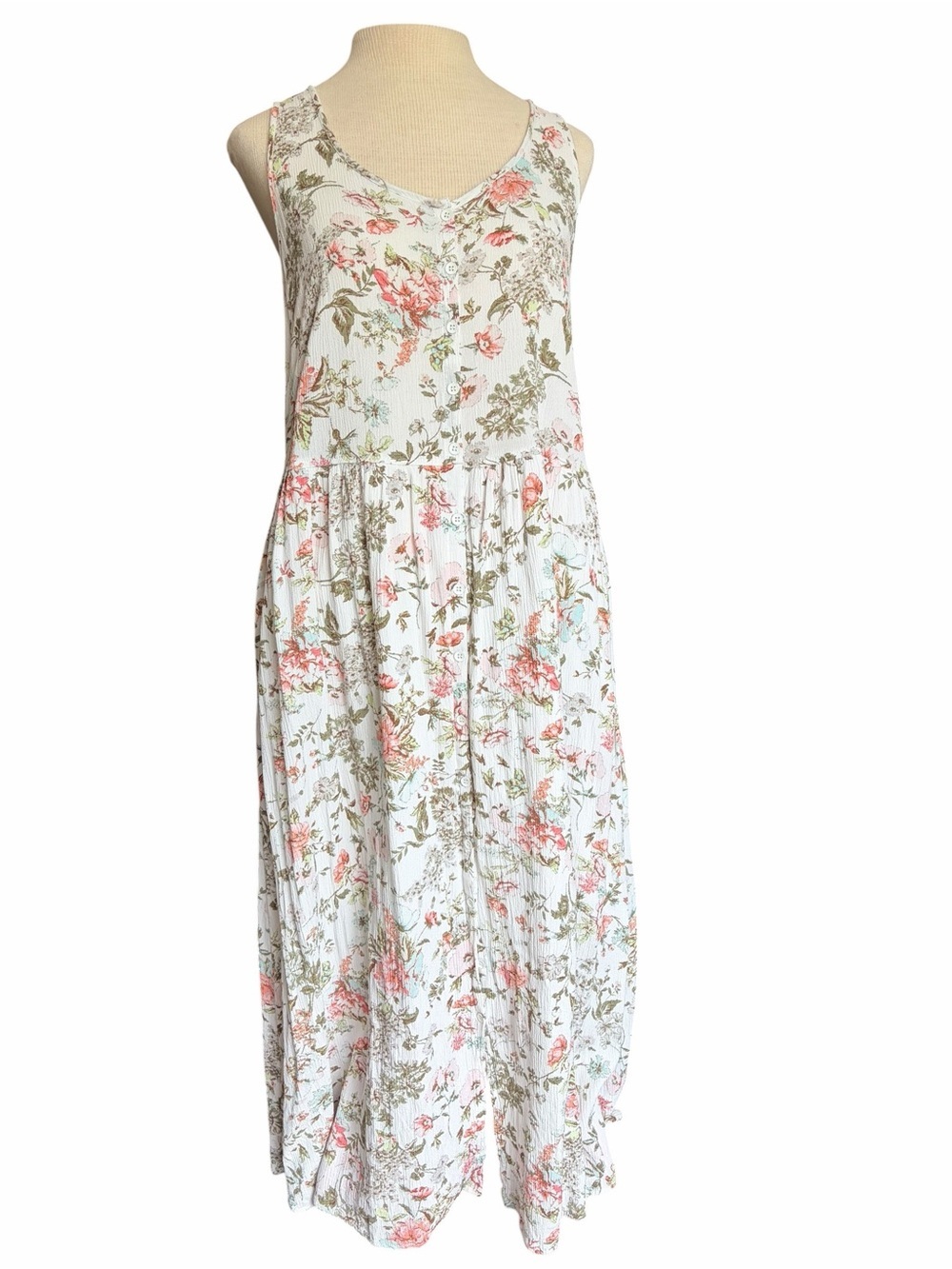 Frye White Floral Maxi Dress with Pink & Green Print